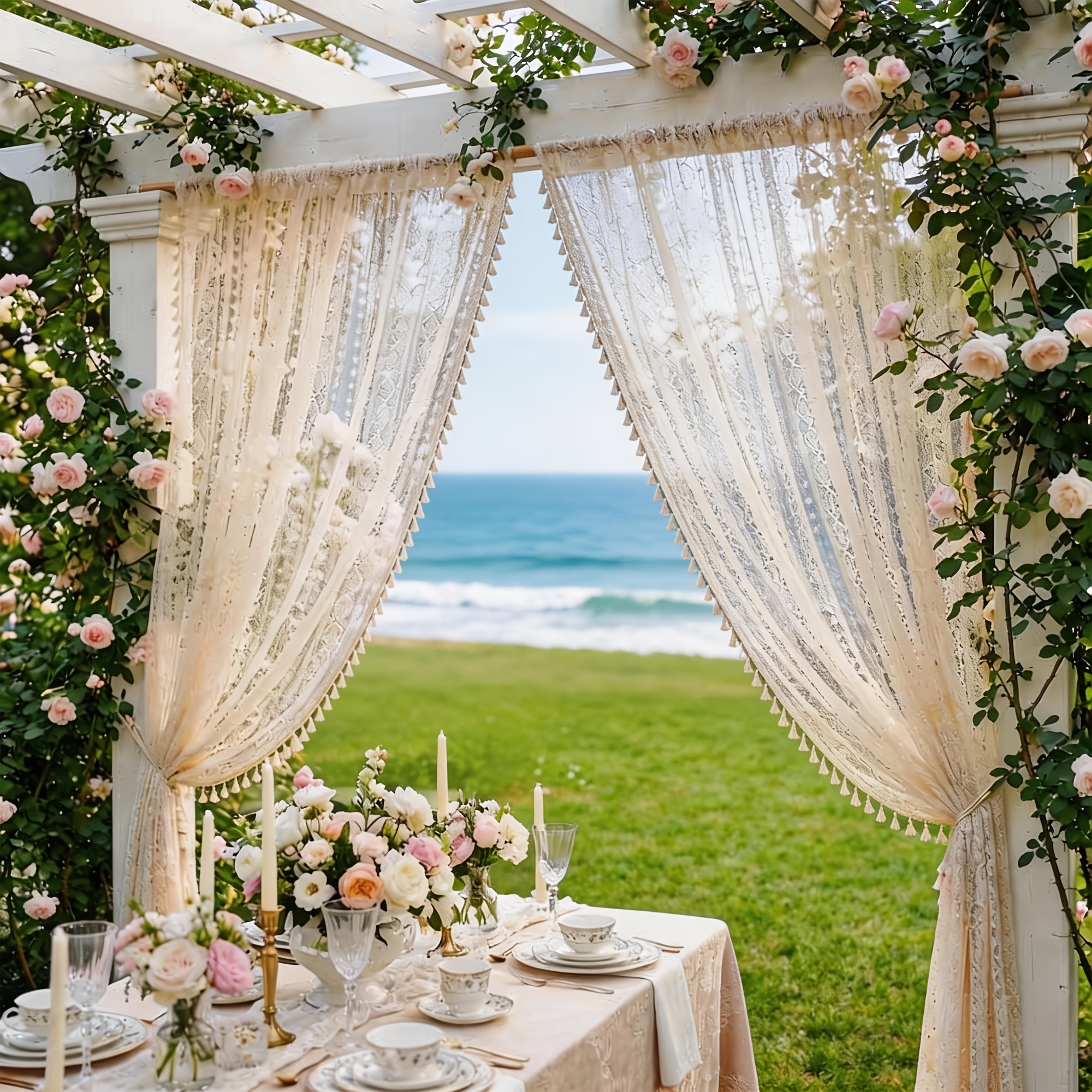TEMU 2pcs Set, Outdoor Bohemian Sheer Curtains For Patio, Featuring Chic Matching Lace Trim, Lightweight And Cost-effective Fabric, Breathable And ,