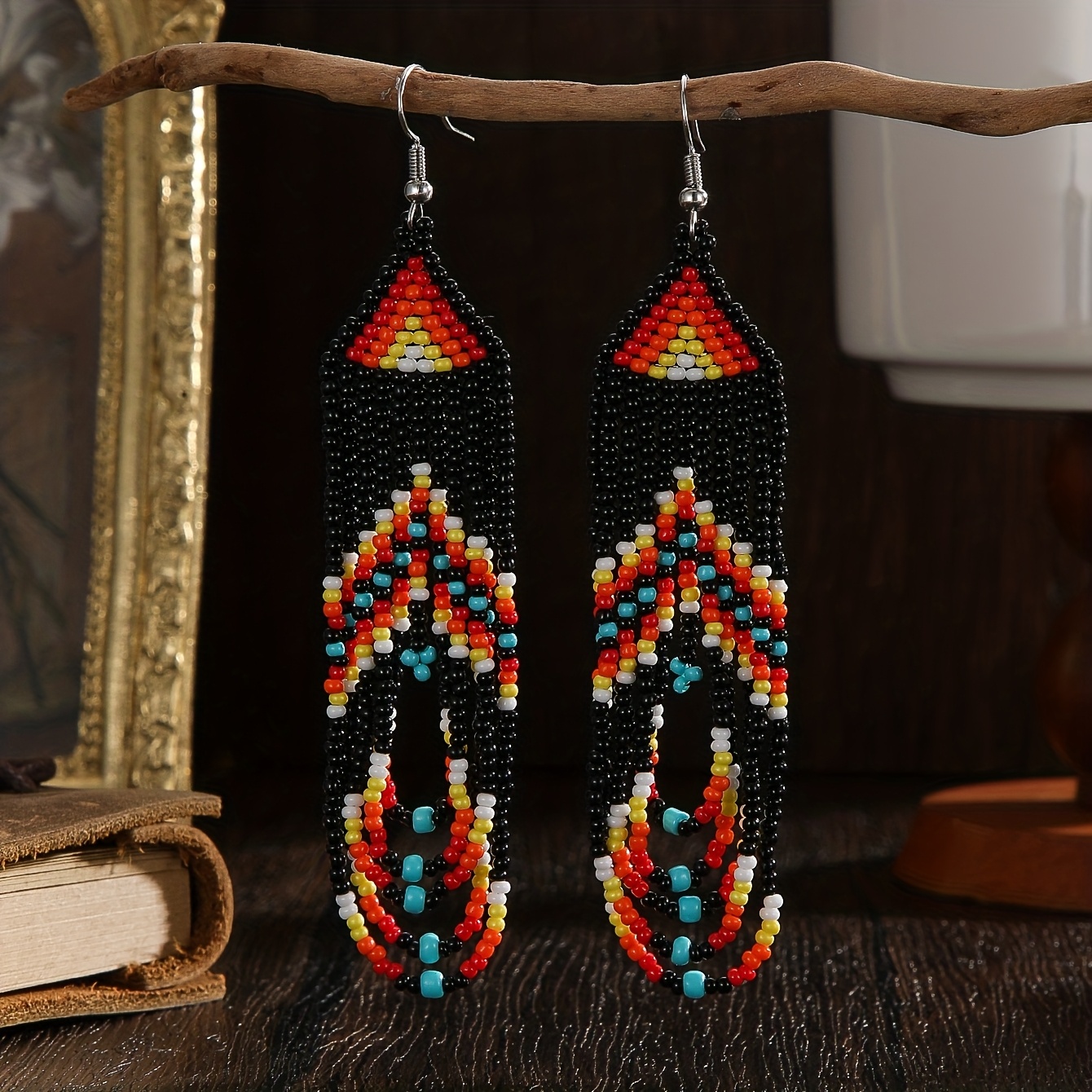 TEMU Une paire de boucles d'oreilles faites main avec des perles, boucles d'oreilles classiques avec des perles, longues boucles d'oreilles pour