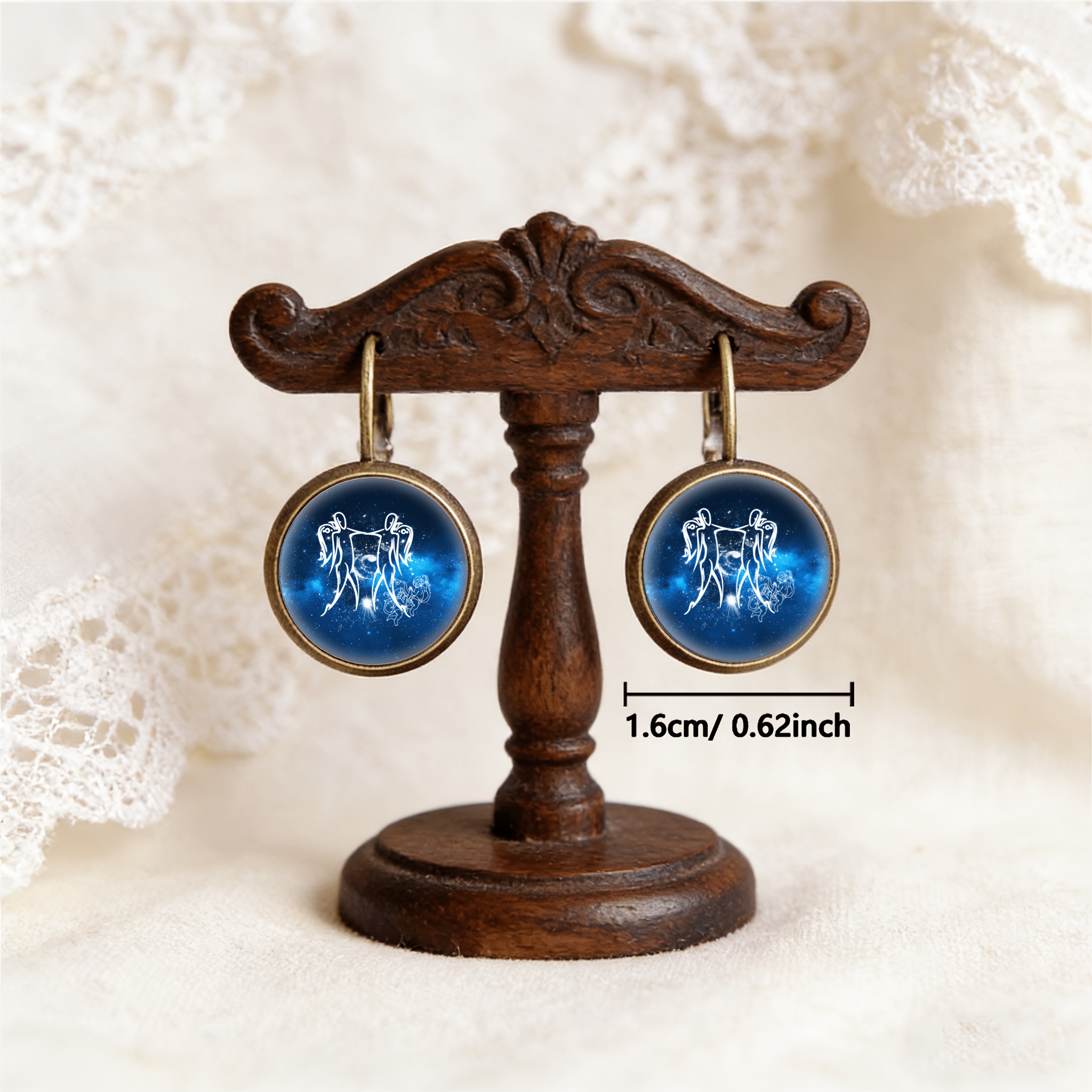 2pcs Teal Round Classical Earrings Set, Gemini Constellation Design