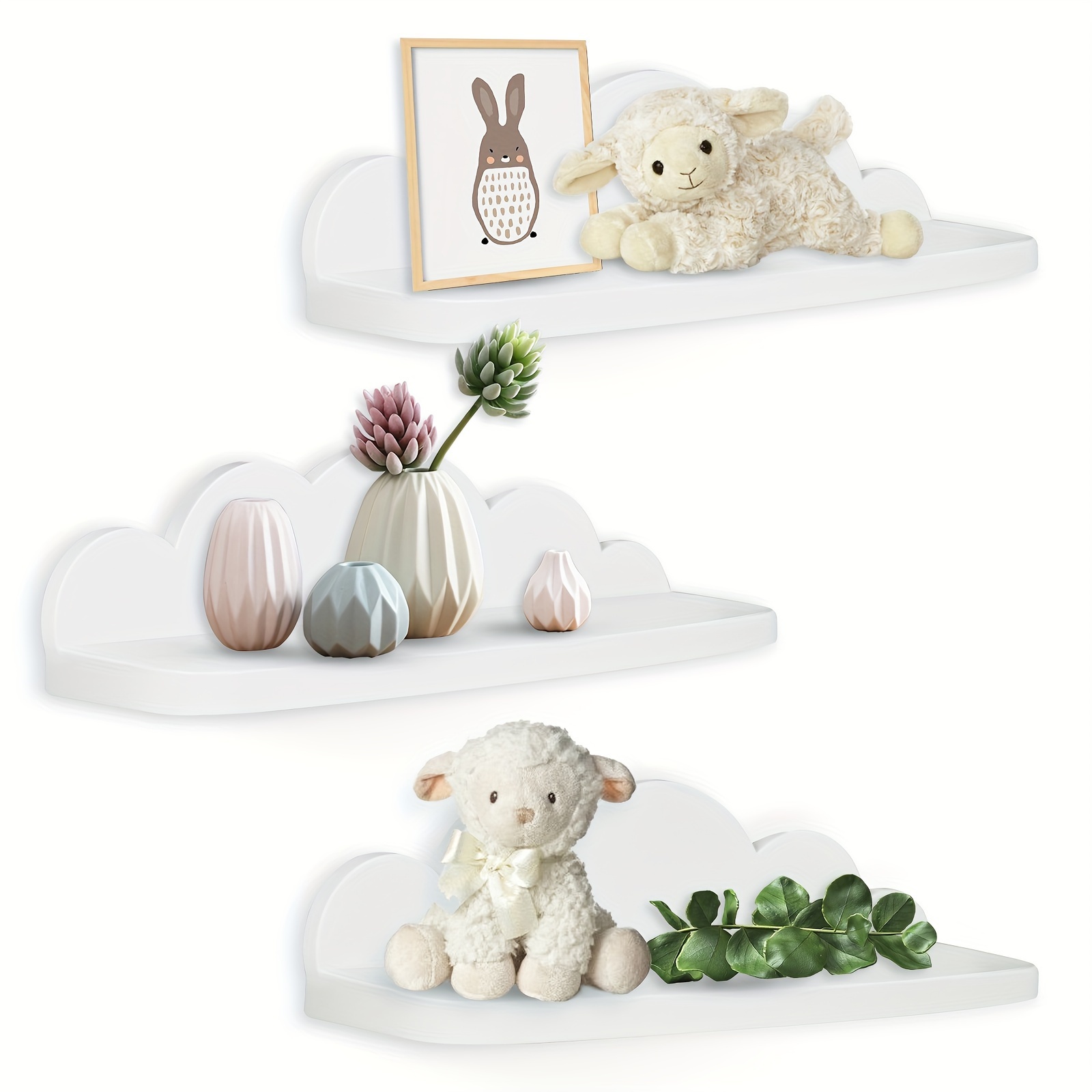 3 Pack Floating Shelves, Mini Cloud Plastics Hanging Display Wall Shelf with 2 Types of Installation for Bathroom Livingroom Bedroom