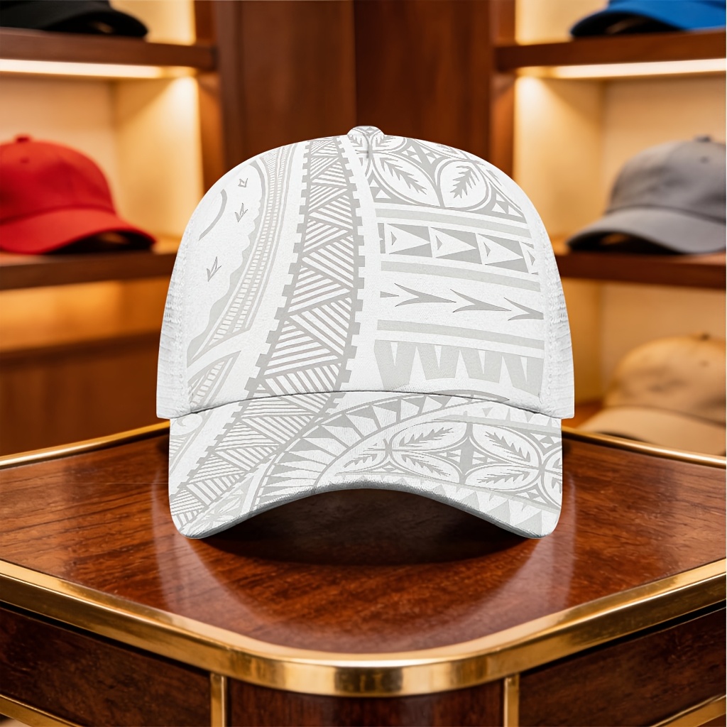 TEMU A With Light Gray Samoan Traditional Tribal Geometric Totem Print Mesh Baseball , Featuring An Adjustable Buckle And Breathable Mesh Panel.
