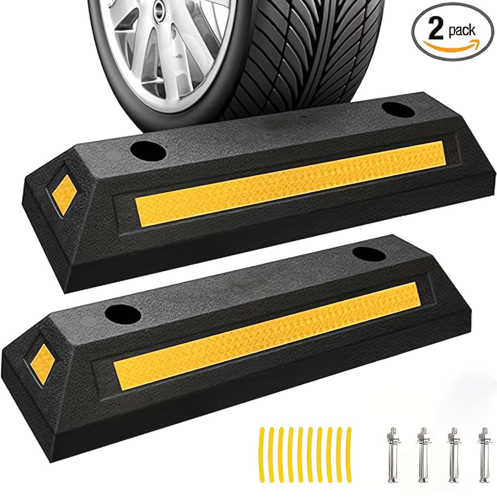 item picture Heavy Duty Rubber Parking Guide - Premium Quality Durable Car Garage Wheel Stopper Professional Grade Park With Reflective Yellow Tape Curb