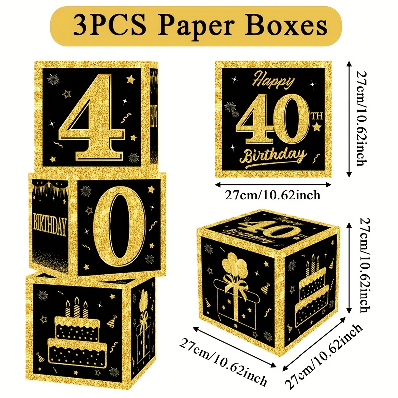 Image of 3pcs, 40th Birthday Paper Box, 27cm, Black Box, Happy Birthday Party Decoration, Birthday Party Decor Square Paper Boxes, Background Decoration, Birthday Party Gifts, Adult Birthday Party Supplies