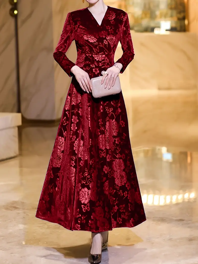 floral print long sleeve elegant velvet dress v neck - Temu Switzerland floral print long sleeve elegant velvet dress v neck - Temu Switzerland