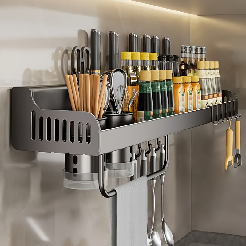 

Space-saving Kitchen Organizer - Wall-mounted Spice Rack With Utensil & Knife Holders, Chopstick Caddy - Plastic/carbon Steel