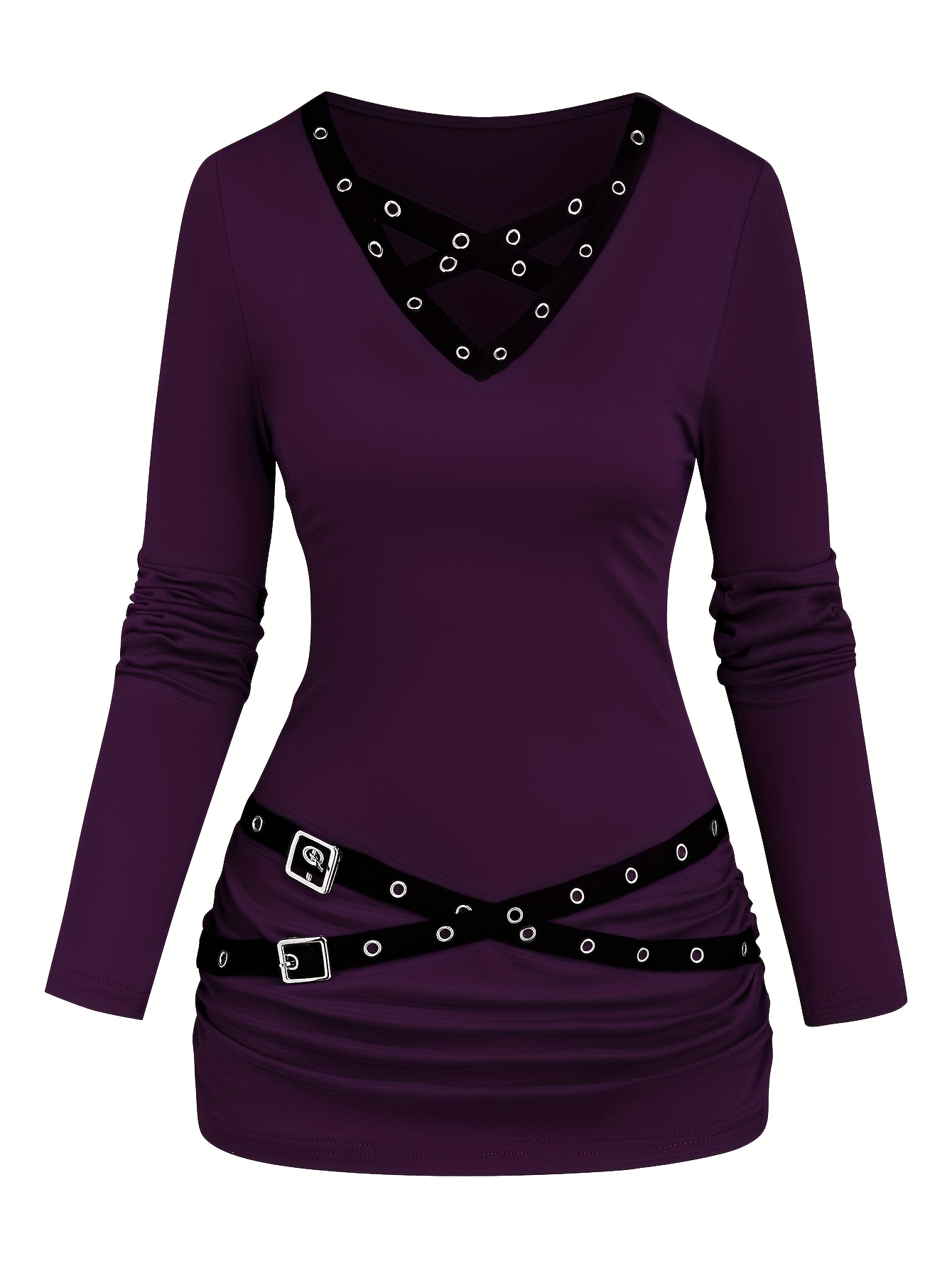 Color: Deep Purple Plus Size Women's Autumn/Winter Solid Color Metal Eyelet Ribbon Cross V-Neck Long Sleeve Pleated Design Slim Fit Casual Cute Fun T-Shirt (Copy)