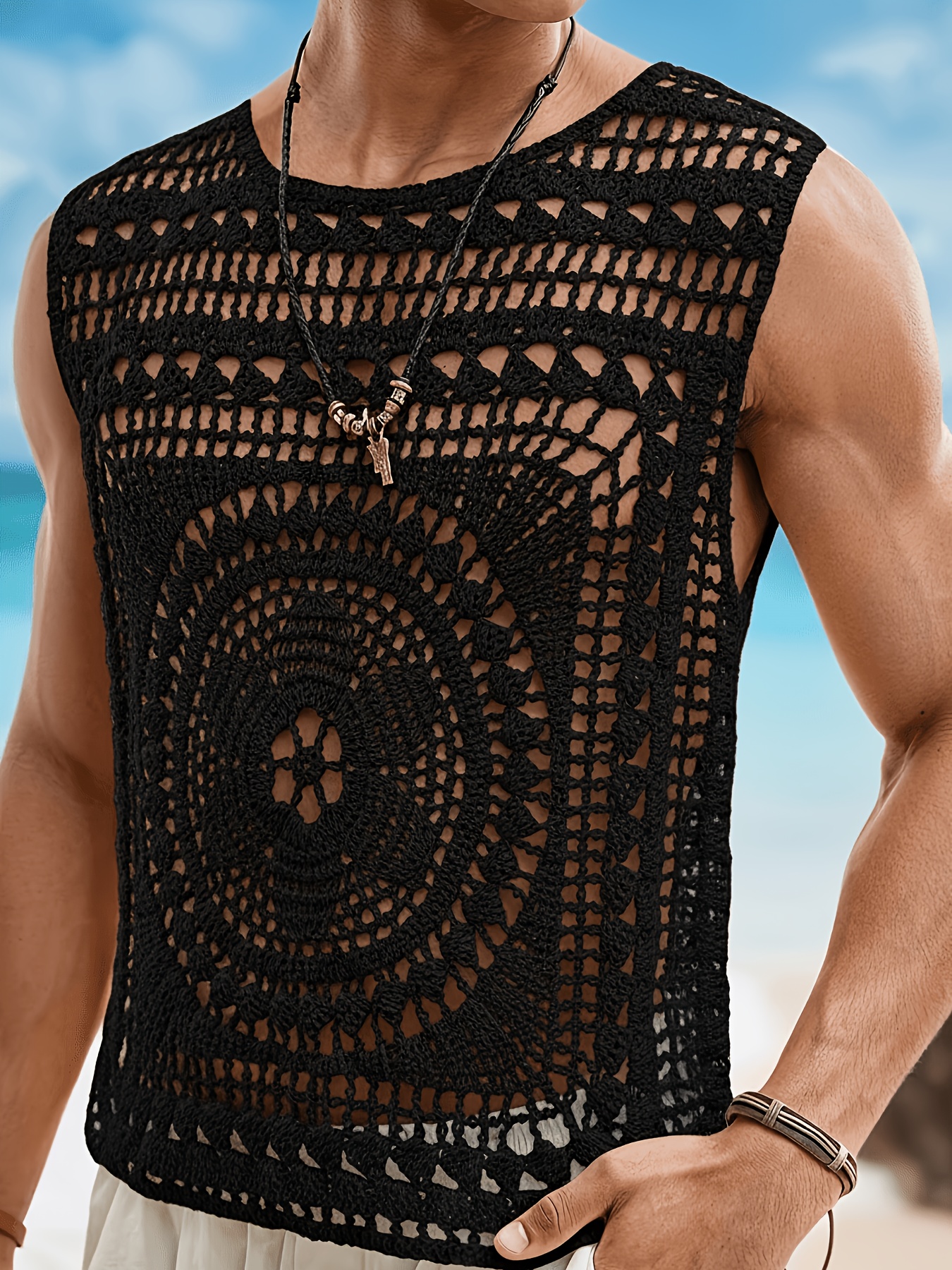 Men's Casual Solid Color Crew Neck Hollow-Out Knitted Vest, Men's Crochet Top, Men's Summer Top, Men's Beach Top, Men's Tank Top, Holiday Sleeveless Men's Crochet Top, Men's Crochet Tank Top, Men's Holiday Top, Men's Mesh Top, Men's Sleeveless Top