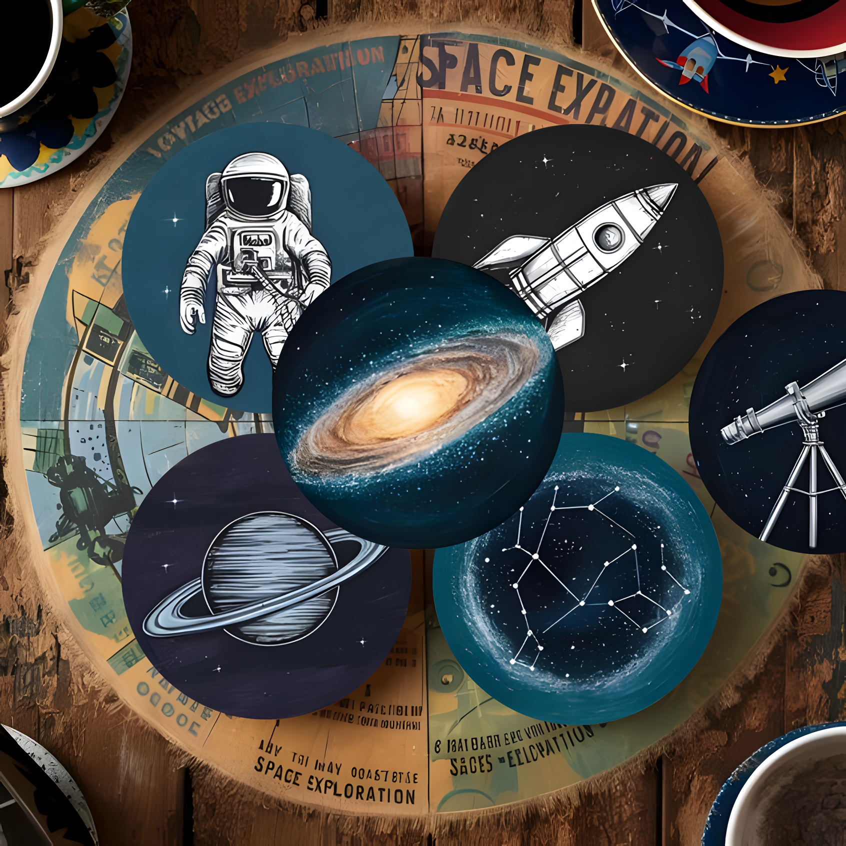 

6 Pieces Set Of Wooden Coasters Featuring Space Themed Illustrations: Astronaut, Rocket, , And Telescope - Coffee Shops, Offices, Or Home Decor