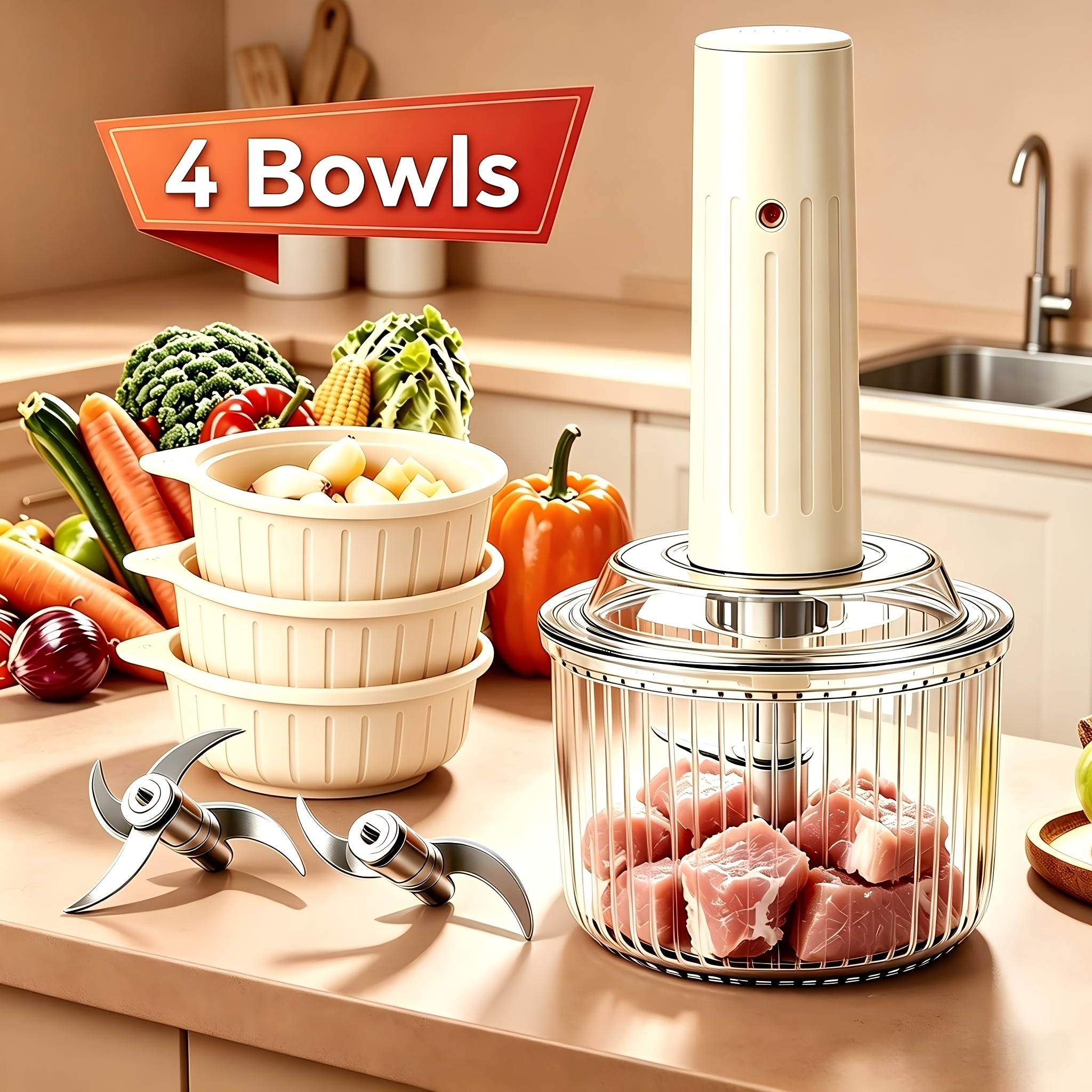 TEMU 4 Bowls Of Multifunctional Food Processor, Wireless Portable Rechargeable Meat Grinder, Mini Electric Garlic Blender, Garlic Vegetable Mixer,