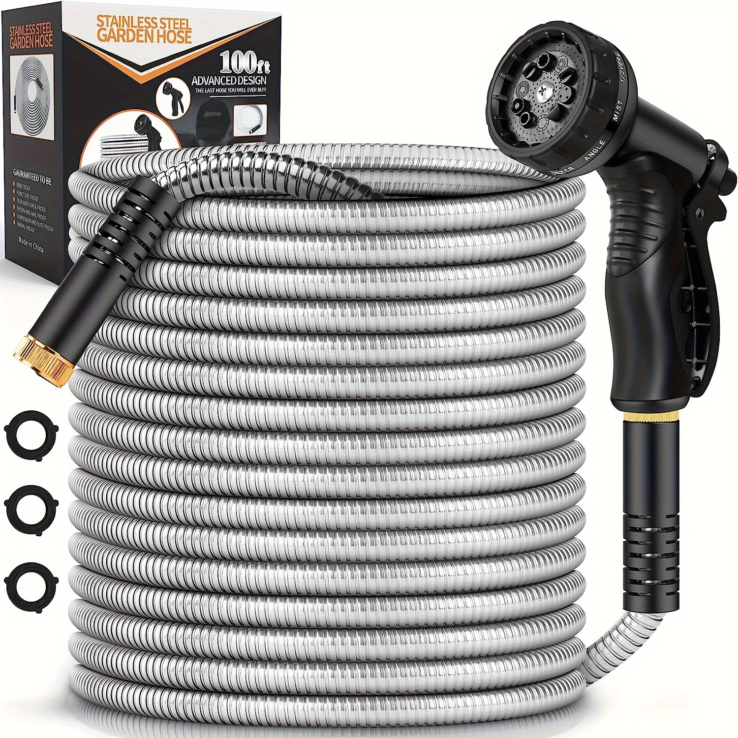 

75ft & 100ft 304 Stainless Steel Garden Hose - Durable, Flexible, No Kink, Pet Proof With High-pressure 10-function Nozzle - Ideal For Yard And Outdoor Watering