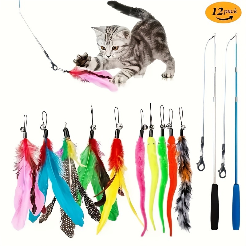 

12pcs/set Pet Cat Toys, Colorful Feather Fishing Rod, Caterpillar Bell Replaceable Head Cat-teasing Sticks