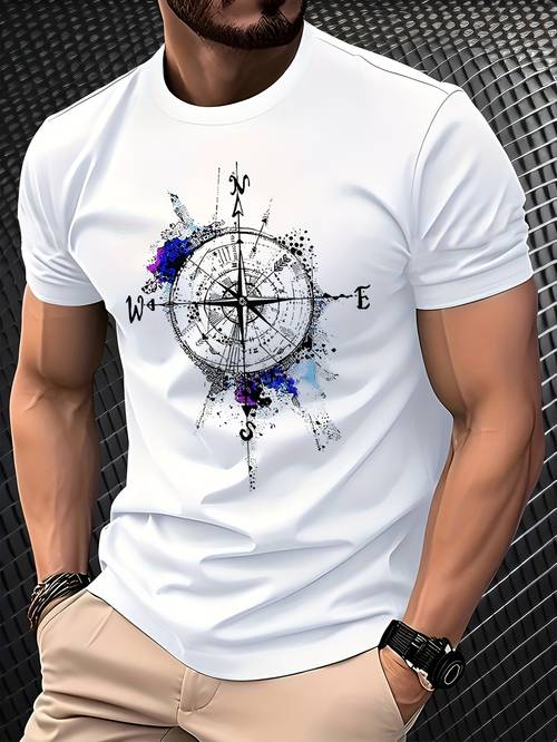 everyday mens compass print crew neck t shirt breathable polyester style short sleeve for spring unique gift option vacation clothing modern casualwear smooth texture t shirt stylish