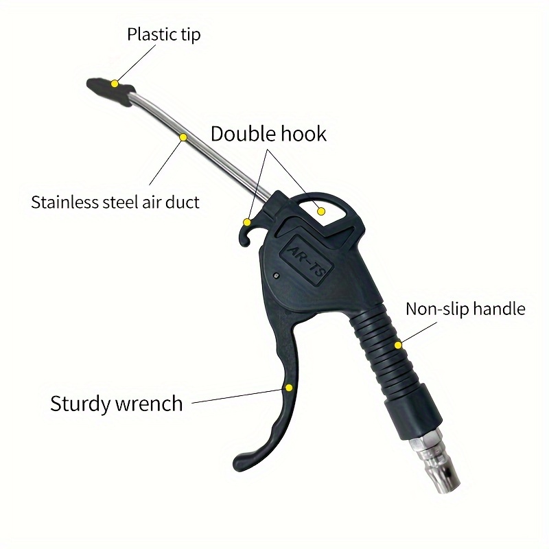 Heavy Duty Extended Reach Air Blow Gun with Double Hook, Stainless Steel Air Duct, Non-Slip Handle, and Plastic Tip - Manual Operation, No Electricity Required