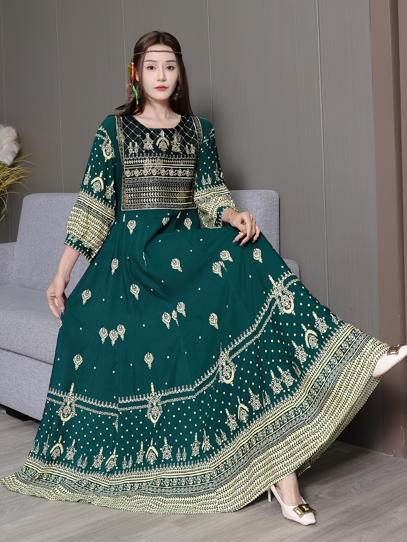 Vintage Bohemian Embroidered Maxi Dress - Olive Green with Golden Accents,  Casual Long Skirt for Beach Vacation or Travel, Casual Bohemian Dress |  Elegant Casual Dress | Decorative Belt