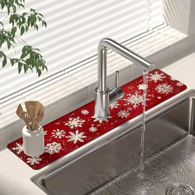 

Christmas Snowflake Red Dish Drying Mat - 1pc Moisture-wicking Polyester Kitchen Faucet Pad, Durable And Absorbent Sink Surround Cover For Holiday Decor, Ideal For Home And Gift Use