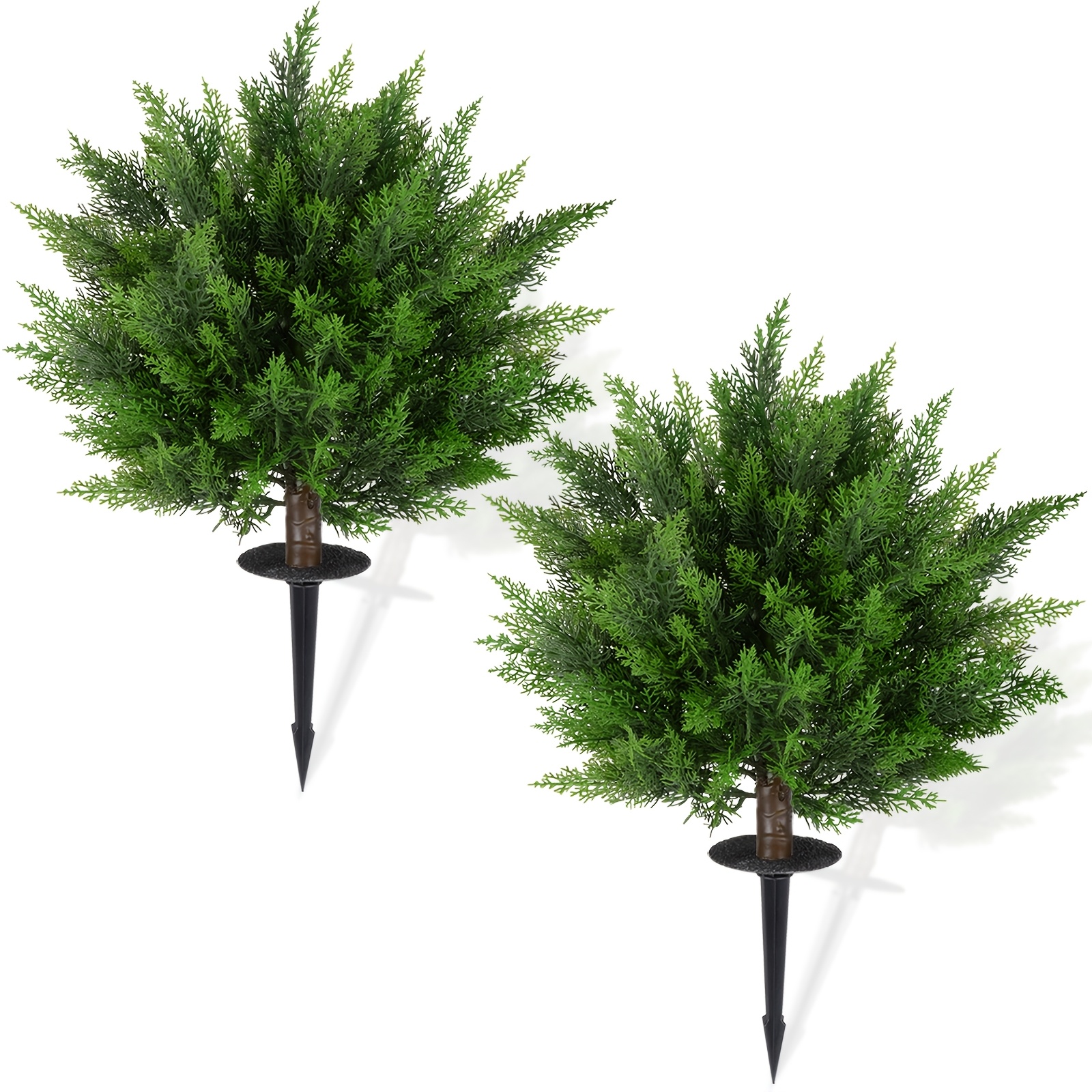 TEMU Artificial Cedar Topiary Trees For Outdoors With Ground Spike, 28 Inch Height Set Of 2 Artificial Cedar Topiary, Lifelike Plant And , Shrubs Bushes For Room Front Porch Garden Backyard Decor.
