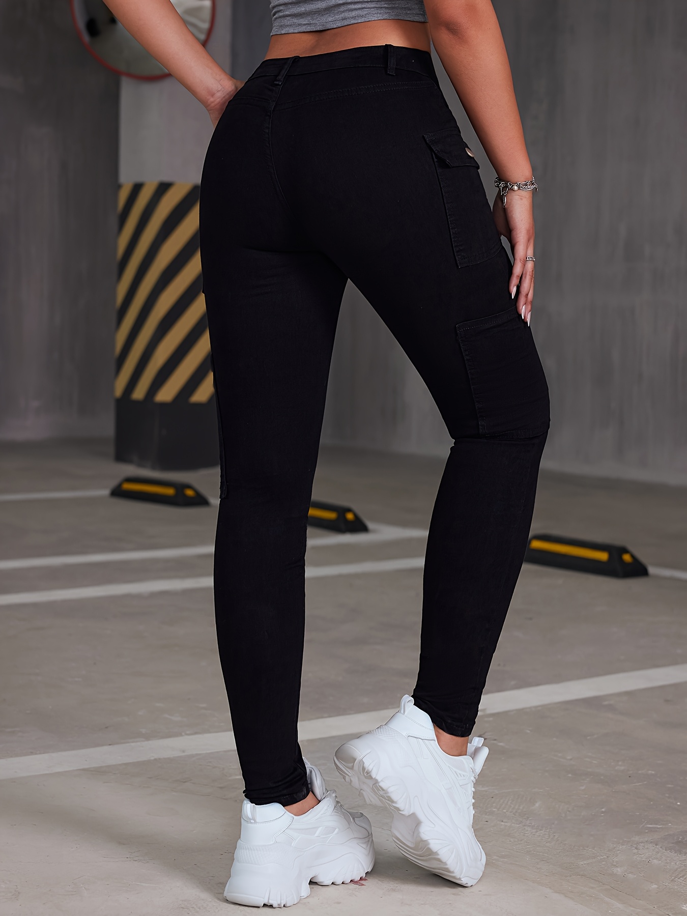 Blue Jeans Denim Leggings Cargo Tights Black Flap Pockets Skinny