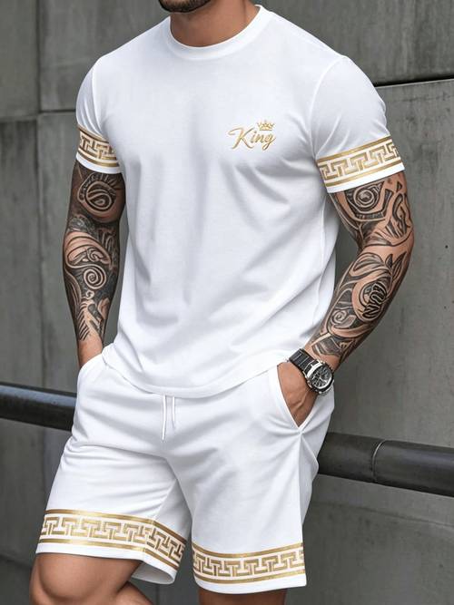 larawan ng item mens casual summer print round neck short sleeve t-shirt at shorts, maluwag two-piece outfit