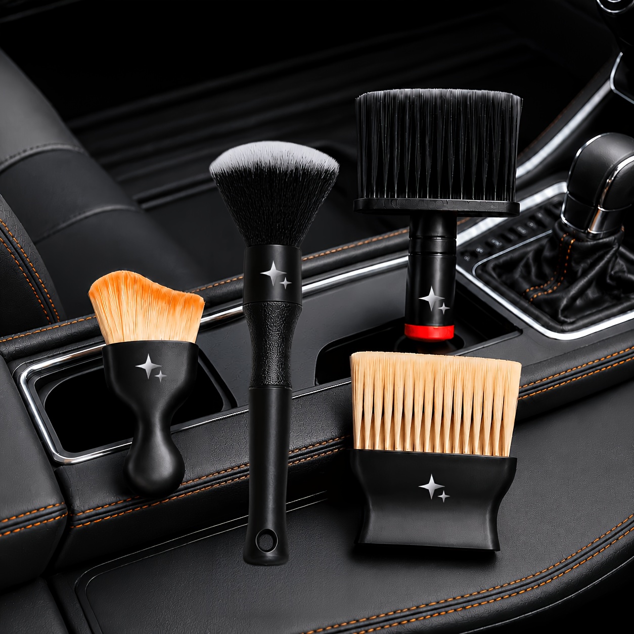 TEMU 4pcs Auto Detailing Cleaning Brush Kit, Soft Bristle Car Interior Dusting Brushes For Dashboard, Air Vents, Center Console, Leather Seats And