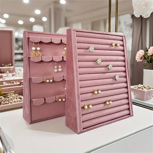bandeja de exhibición de joyería inclinada de terciopelo rosa - elegante organizadora y decorativa para anillos y aretes, organizador de adornos nupciales para y bandeja de mesa decorativa