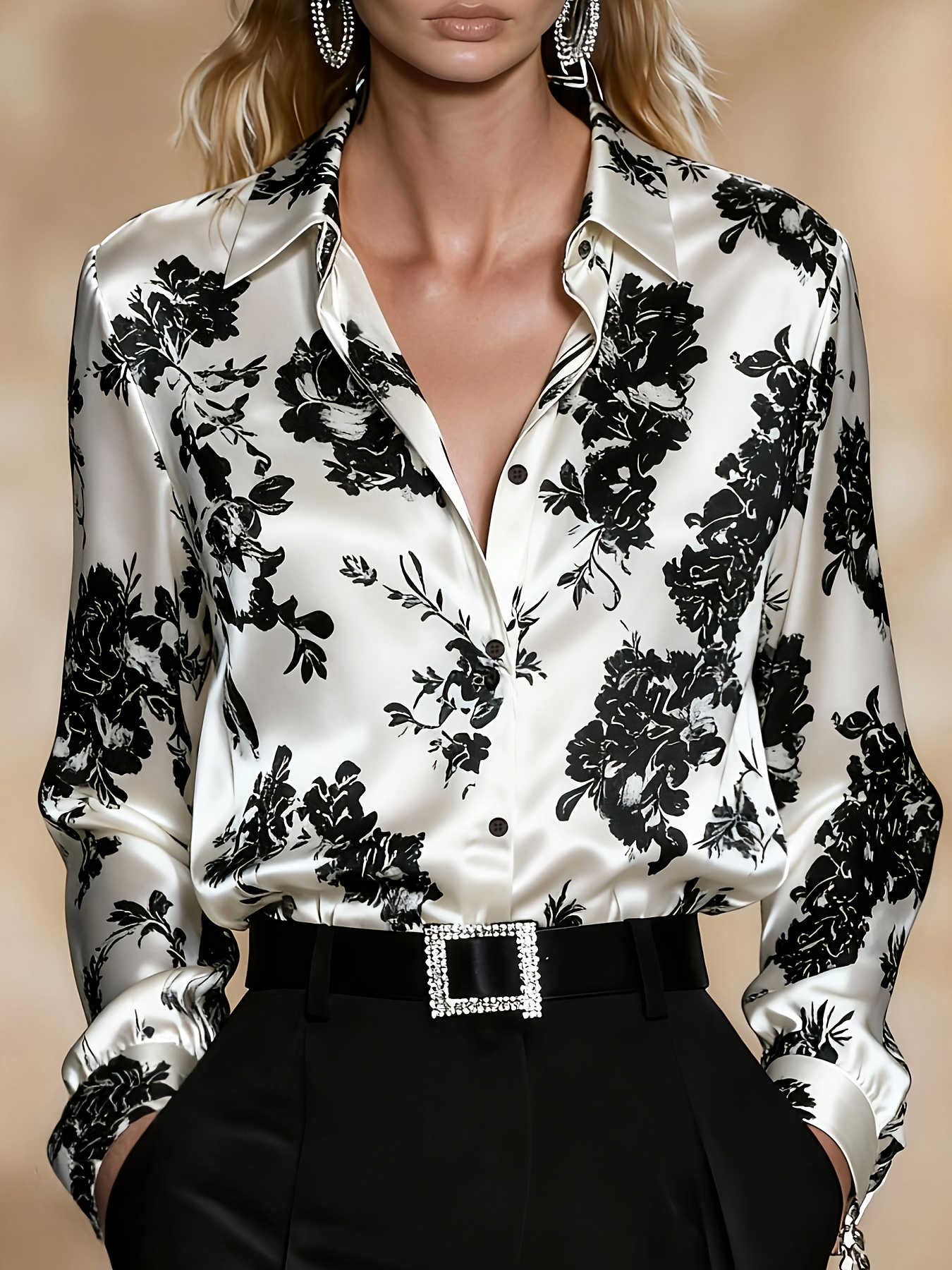 Women's Spring Autumn Temperament Commuter Satin Printed Elegant Top