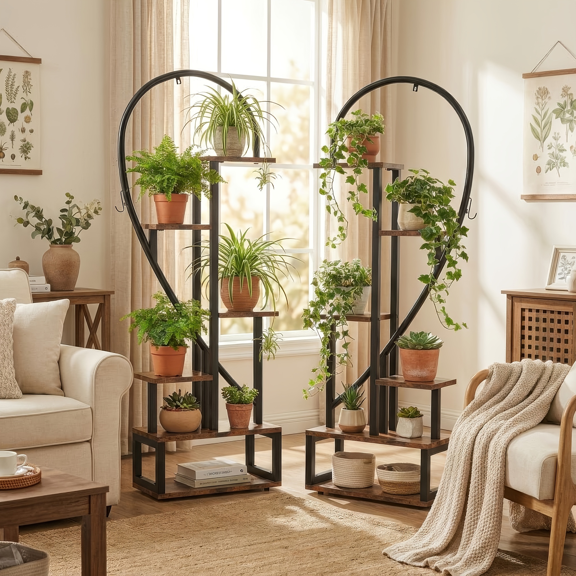 Image of 5-tier Tall Plant Stand Indoor, Heart-shaped Metal Plant Stand With Hanging Hooks, Farmhouse Wood Plant Shelf Indoor For Living Room, Balcony, Garden, Rustic Brown