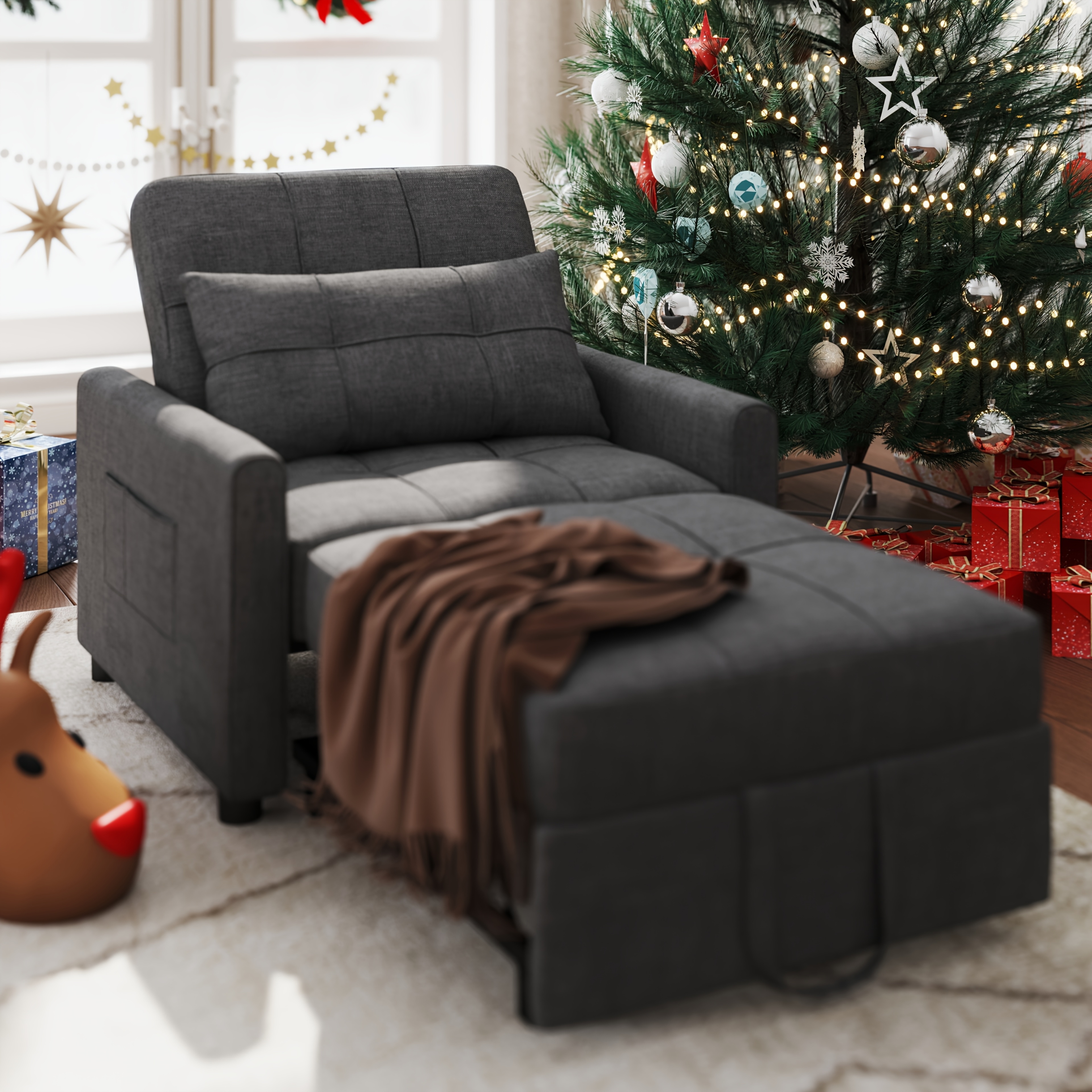 

Cozy Christmas Must-have: Convertible 3-in-1 Sleeper Sofa Chair Bed With Pillow And Pocket, Modern Linen Fabric For Apartments, Dark Gray