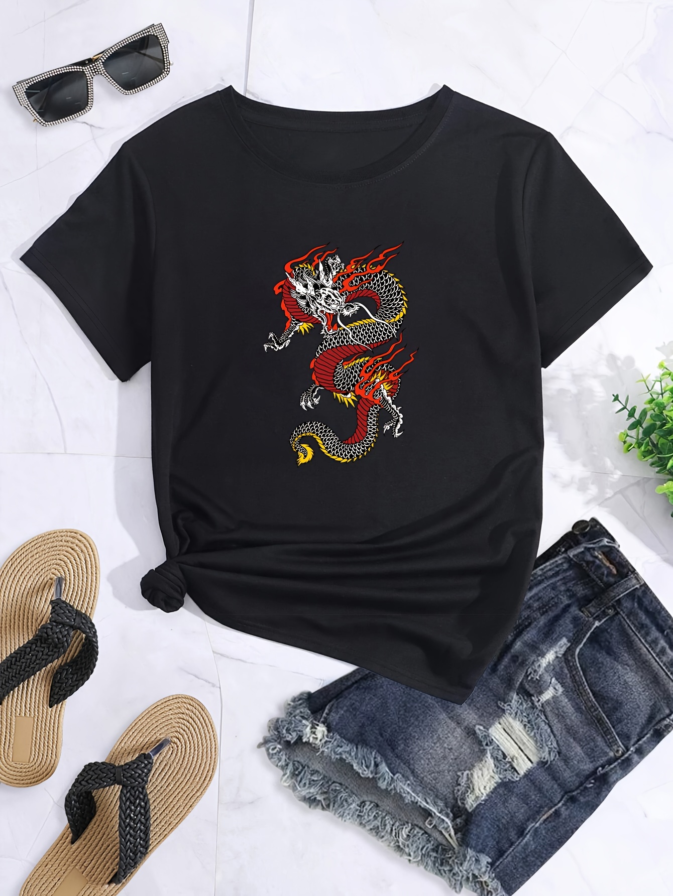 Dragon Print T Shirt Short Sleeve Crew Neck Casual Top Temu Australia