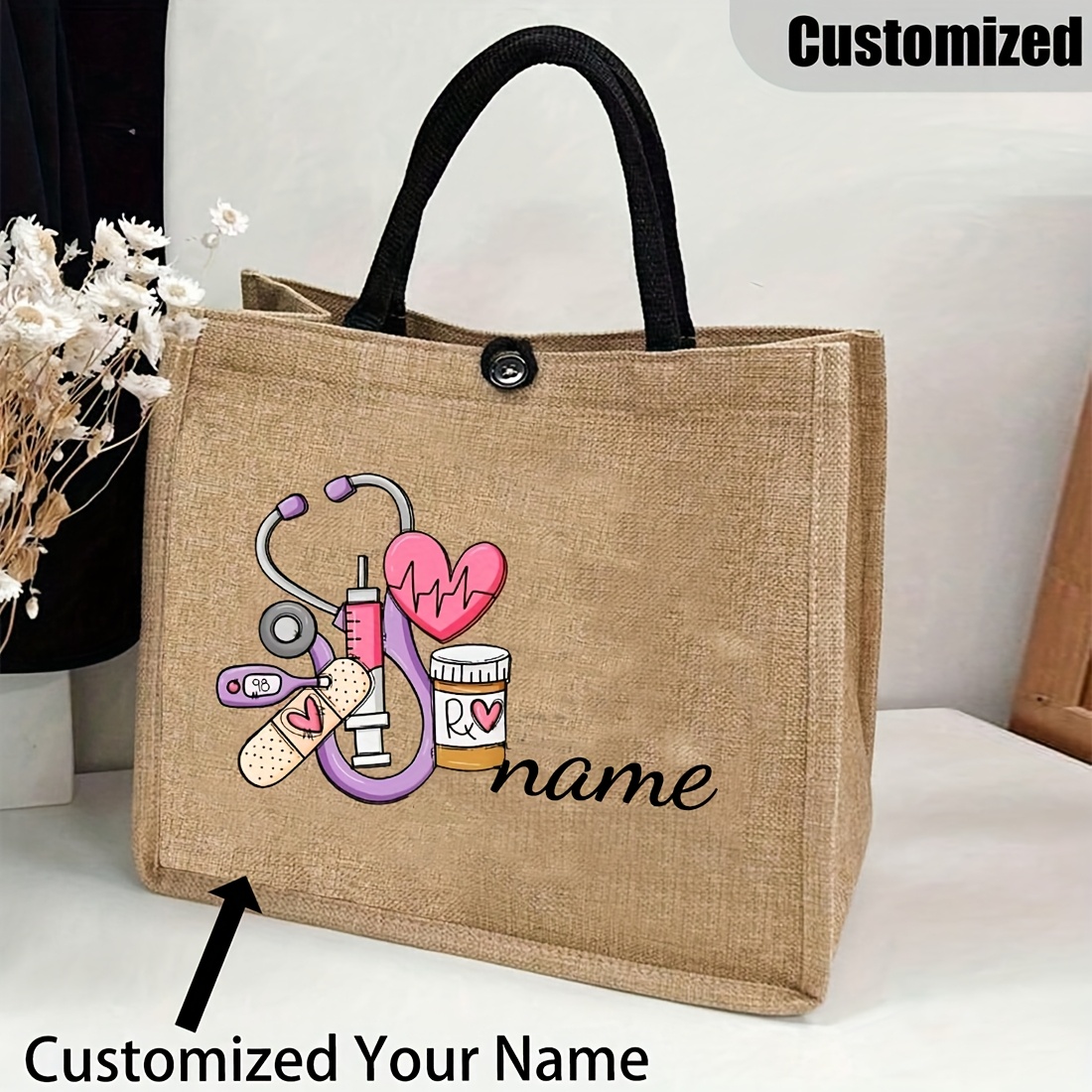 1pc Nurse Graffiti Customizable Tote Bag With Name & State - -themed Design, Durable Nylon, Khaki Snap Closure For Nurses, Travel, Beach & , Nurse Bag, Sturdy Handle Construction
