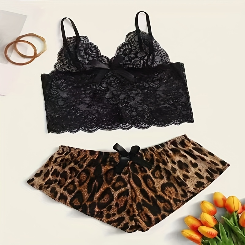 Super Gentle And Cute Leopard Print 2pcs Set Sexy Lingerie Bra And Panties Set with Camisole Pajamas.