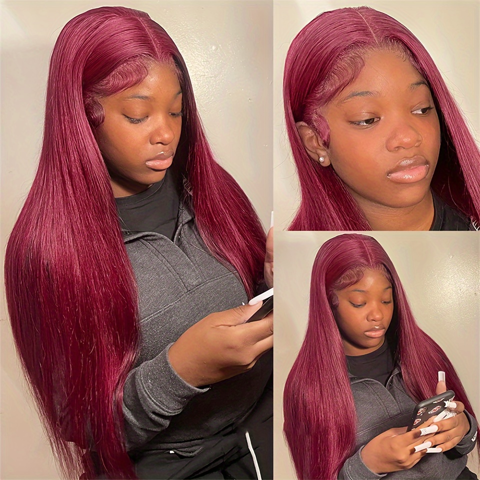 100% Human Hair 99j Burgundy Straight Lace Frontal Wig Pre - Temu