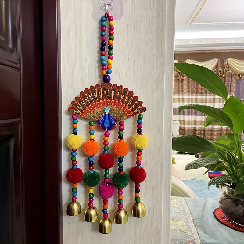 

1pc Peacock Wind Chime, Hand-painted Wooden Craft With Colorful Beads & Bells, Outdoor Courtyard Leisure Home Decor, Hanging Ornament