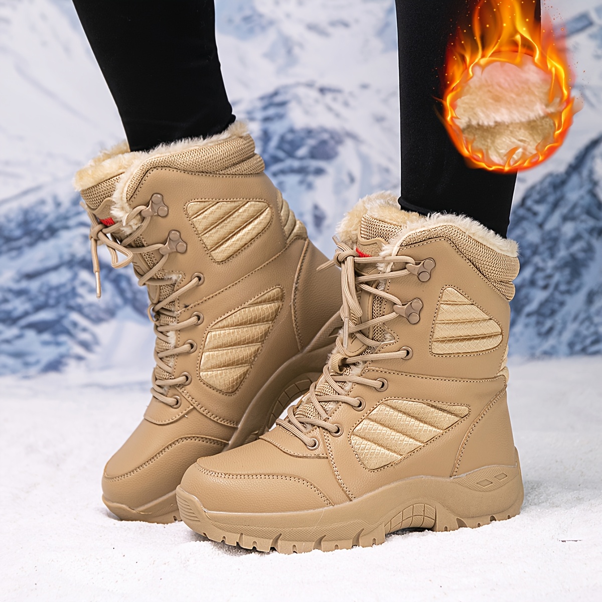 Women'S Fashion Solid Color Thickened Fleece-Lined *-Calf Snow Boots,  Casual Lace-Up Thick Shoes, Round Toe, PU Upper, Fabric Inner, TPR  Outsole,