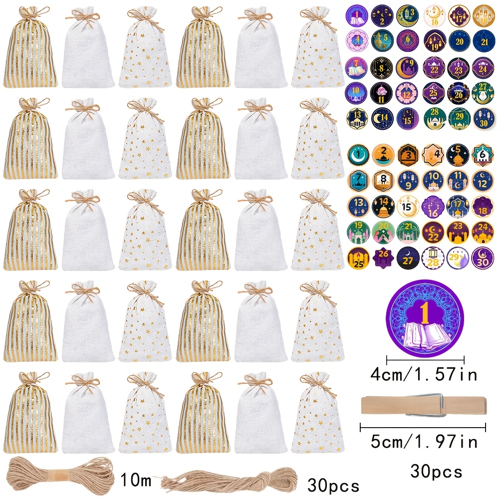 Gift For Her/him Ramadan Advent Calendar Linen Bags, Advent Countdown Gift Drawstring Gift Bags With Clips Containing Numbers To Thirty With , With Colorfor Patterns Embellished With Ramadan Presents