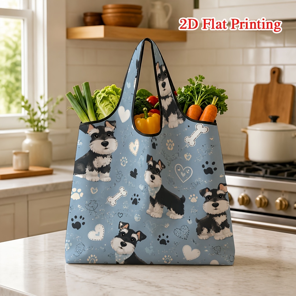 TEMU 1pc Cartoon Schnauzer Dog Heart Paw Print Pattern, 2d Printed Shopping Bag, Suitable For Grocery Shopping And Travel, Machine Washable With