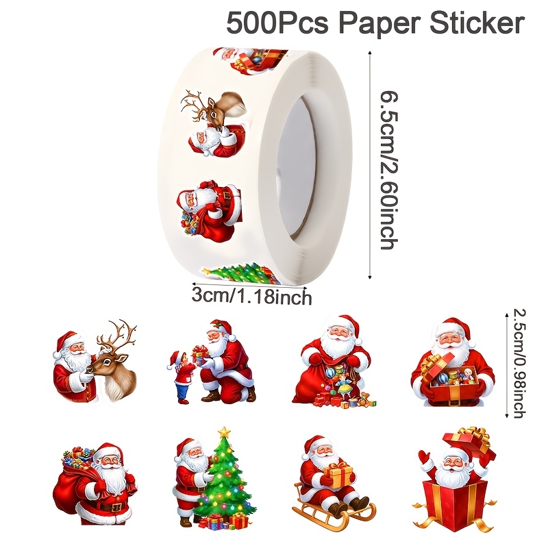 TEMU 500pcs/roll Christmas Stickers Labels, 8 Festive Designs With Santa Claus Xmas Tree & Reindeer Pattern Self-adhesive Paper Decals For Dly Crafts