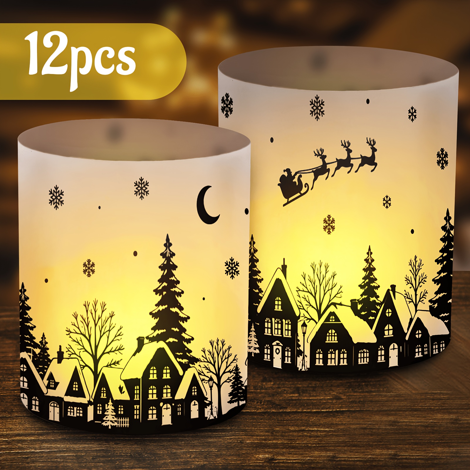 TEMU 12pcs Christmas-style Candle Lamp Shades With Patterns Of , Reindeer Sleighs, Fir Trees, And Snowflakes, Ideal For Christmas Parties, Themed
