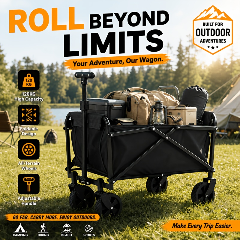 Image of Mini Folding Cart With A Load Capacity Of 120kg And Storage Space; Folding Cart Equipped With 2 Cup Holders, Ideal For Outdoor Activities, Food Service, Gardening, And Camping
