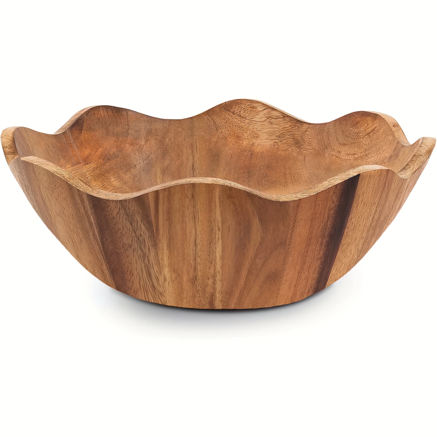Image of Wood Salad Bowl - Large Scalloped Decorative Acacia Wooden Mixing Bowl - Handcrafted Farmhouse Kitchen Serveware For Fruit, Pasta, Snacks, And Home Decor