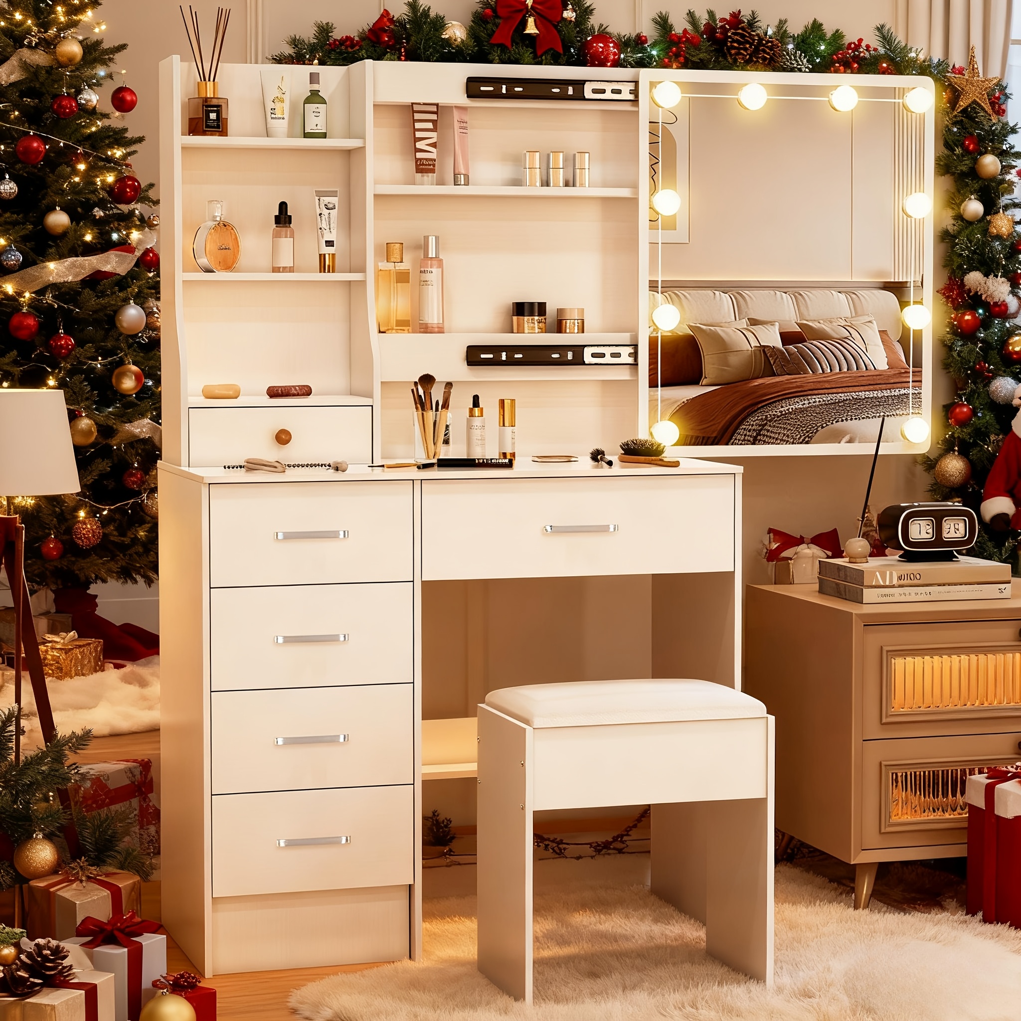 Vanity Table With 6 Drawers, Featuring An Led-lit Mirror And A Stool
