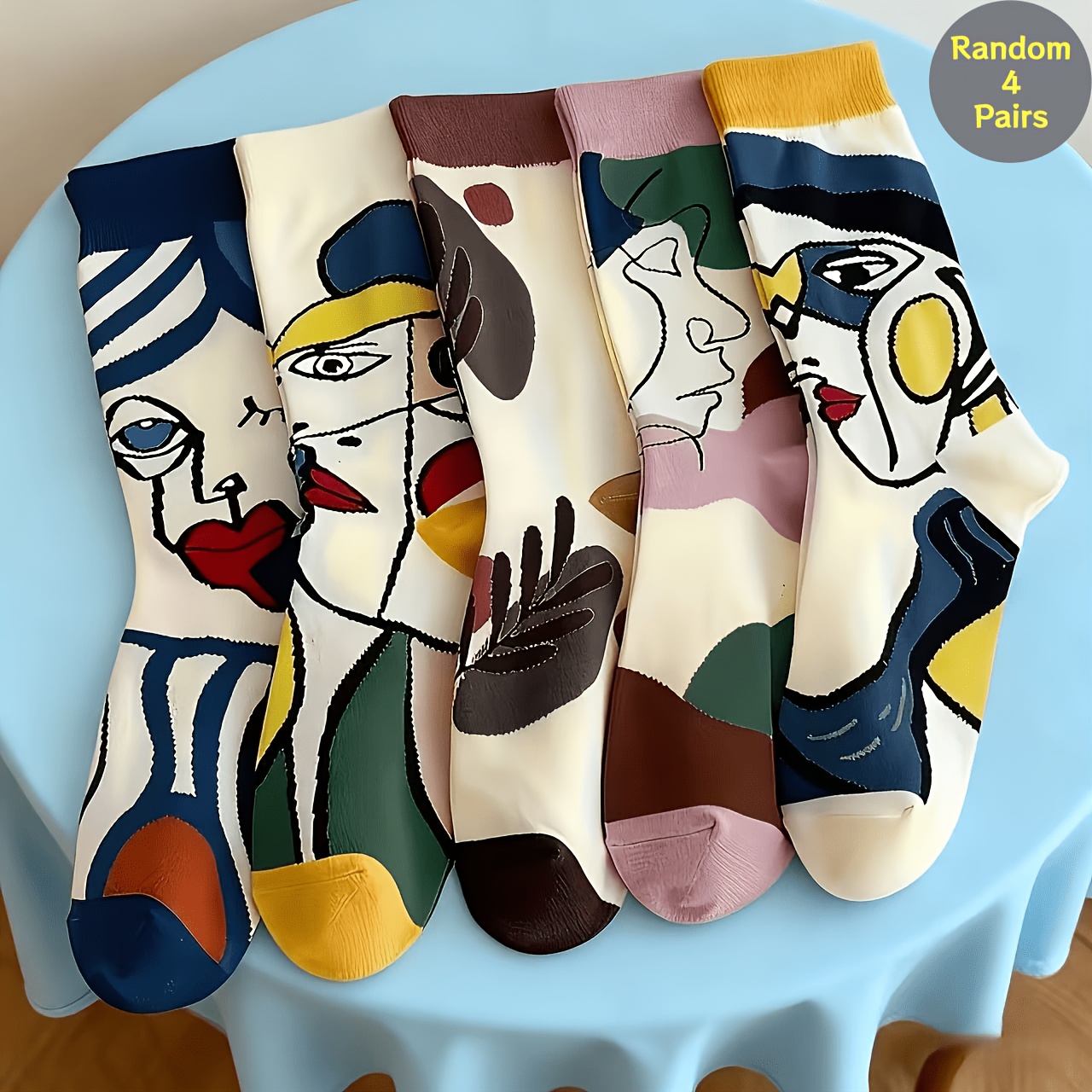 TEMU Mixed Color Random 4/5 Pairs Oil Painting Art Face Pattern Soft Comfortable Mid-calf Couple Socks