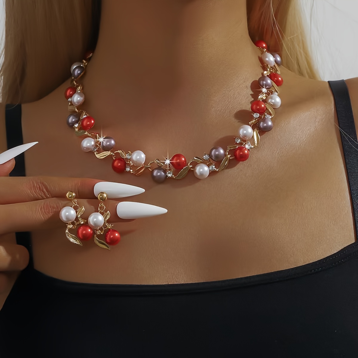 TEMU Conjunto de 3 piezas de moda creativa para damas, collar de perlas de coloridas, aretes, adornos nupciales