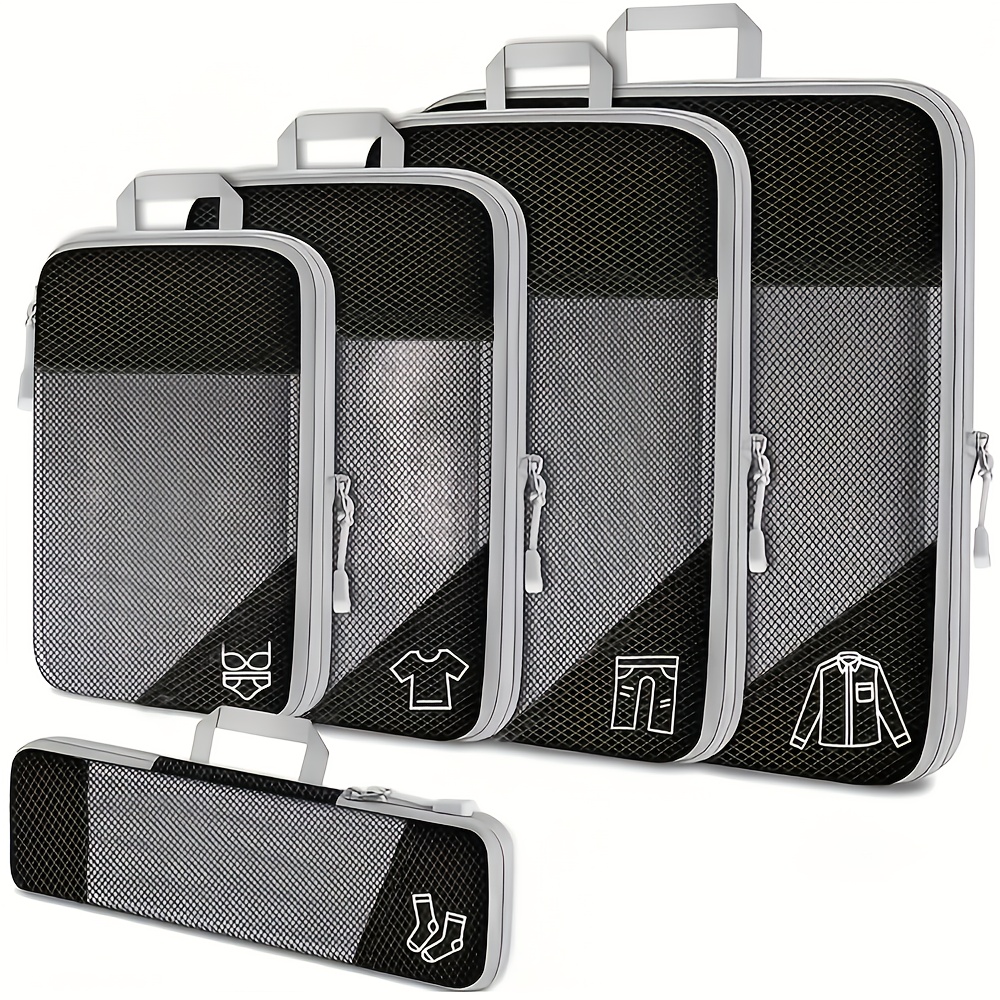 Set of 5 Lightweight Compression Packing Cubes for Travel, Durable Luggage Organizers in Beige and Black