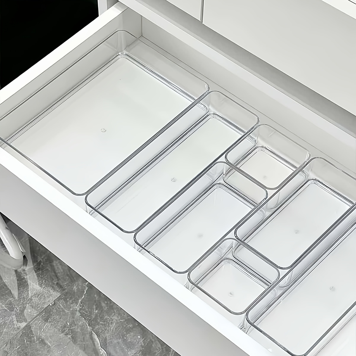 

7pcs Clear Acrylic Cosmetic Organizer Set, Fragrance-free Plastic Makeup Storage Boxes, Multi-functional Drawer Dividers For Eyeshadows, Brushes, Skincare, Nail Polish - Countertop Organizer