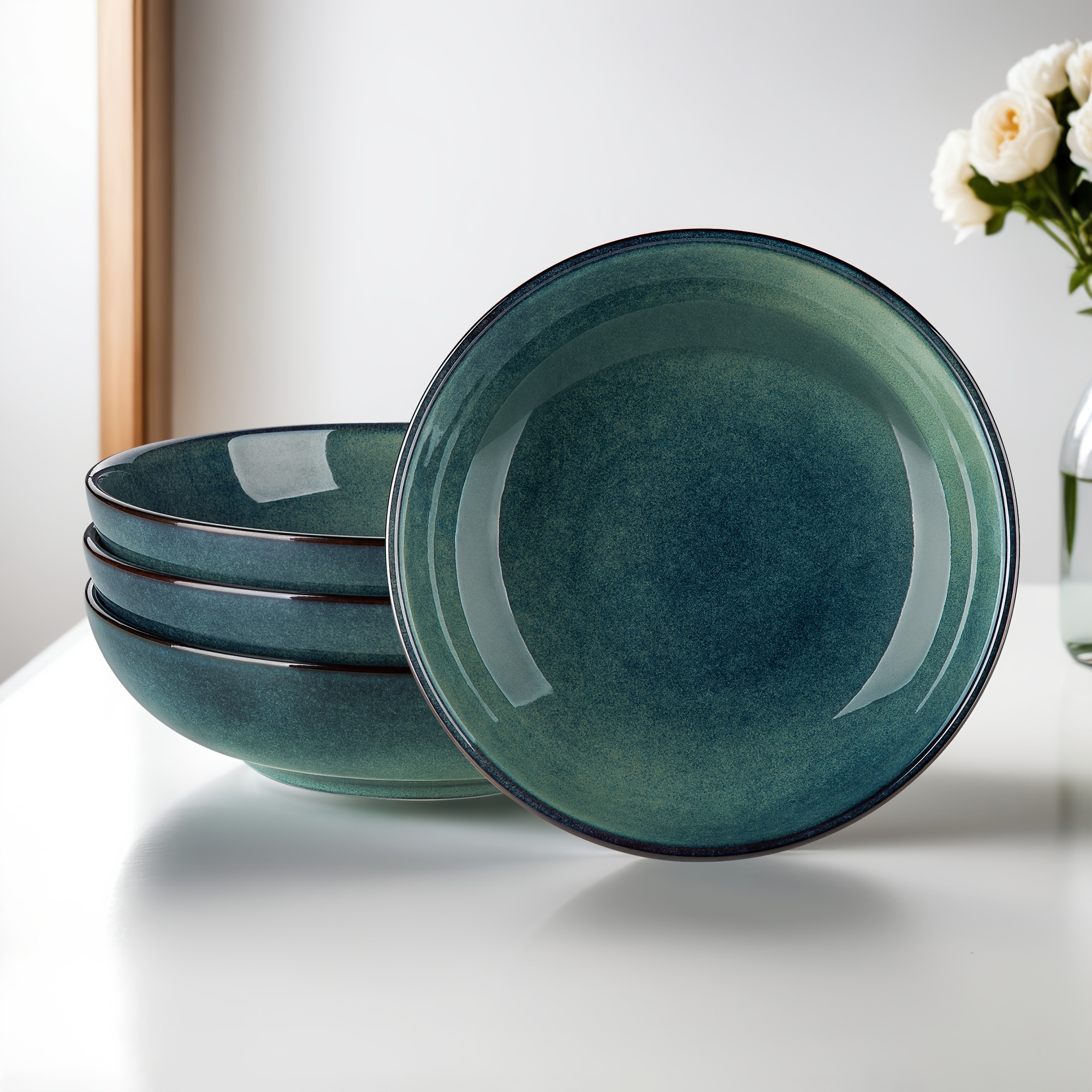 Image of Pasta Bowls, 38 Oz/1140 Ml Salad Bowls Green Soup Bowls Large Pasta Serving Bowl Porcelain Pasta Plates Wide And Shallow Bowls Set Of 4 Microwave Dishwasher Safe