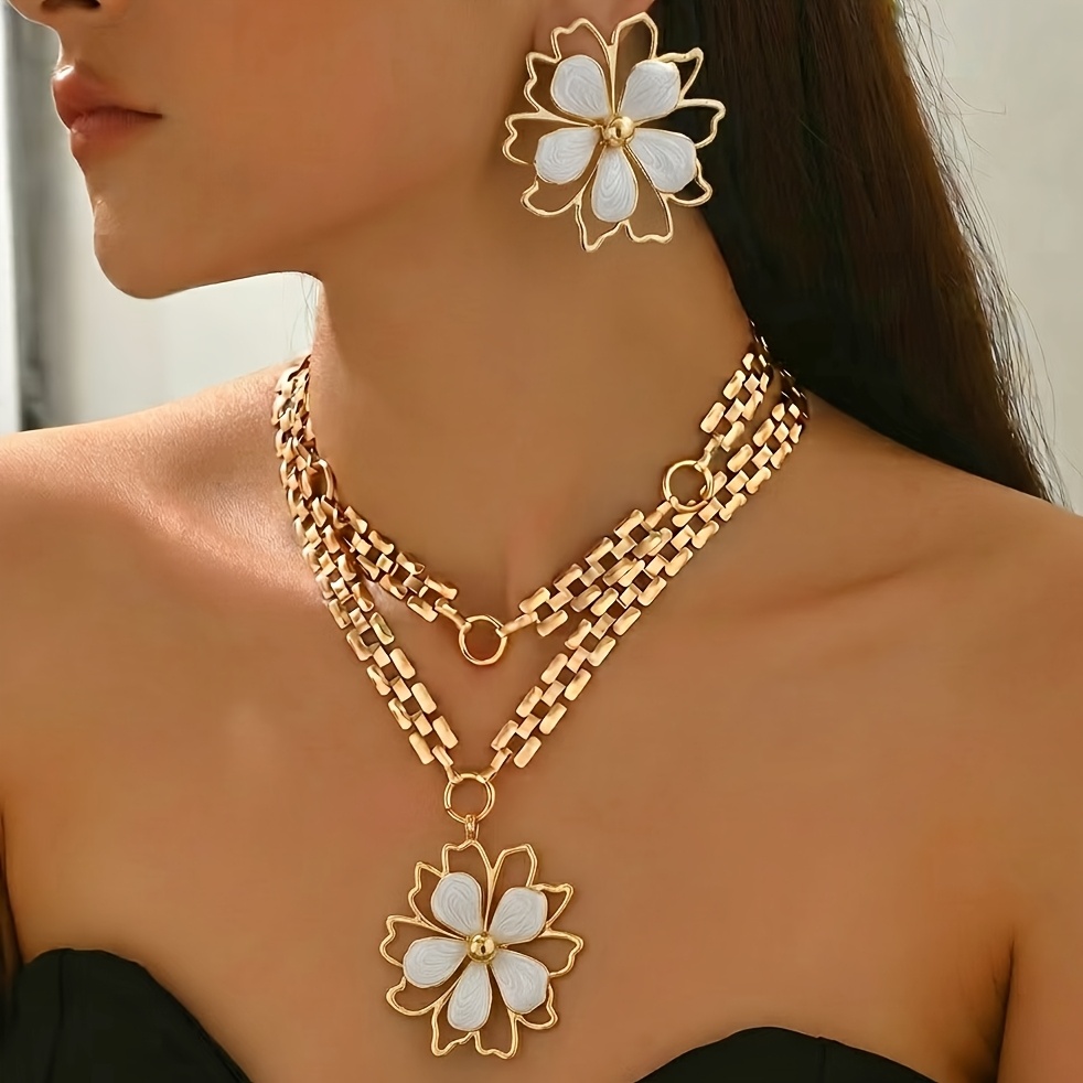 TEMU Ensemble de collier et boucles d'oreilles à pendentif floral rétro 2 pièces, chaîne dorée avec pendentif pétales blancs, design floral et double