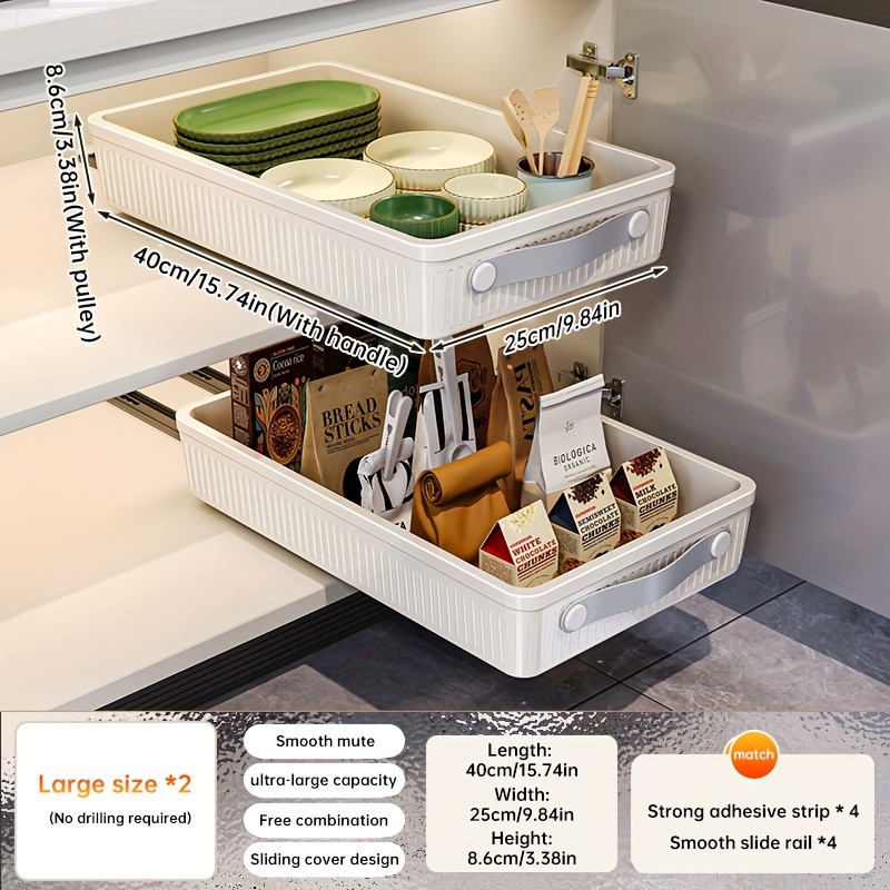 2-pack Large Pull-out Cabinet Organizer Baskets, Plastic Drawer Shelves For Kitchen, Bathroom, Bedroom Storage - Independent, Metal Tube Included,