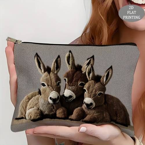 borsa da donna, motivo a tema tre piccoli che si abbracciano, 2d flat, chiusura con cerniera, riutilizzabile, adatta per riporre piccoli oggetti, cosmetici, , stile , per , portatile, san