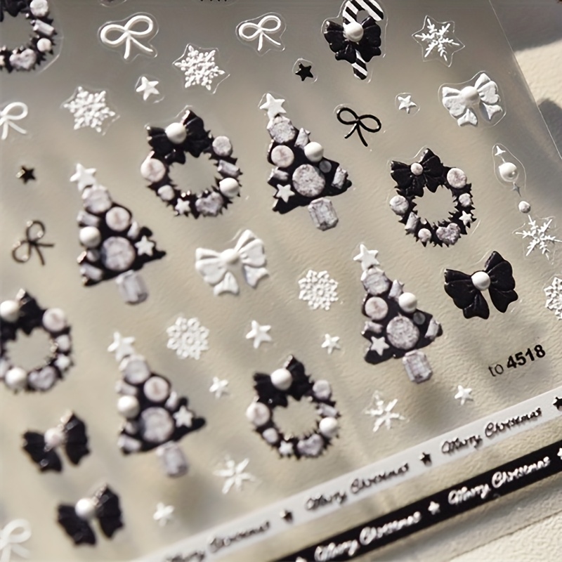 Image of 1pc Of 5d Embossed Christmas Nail Stickers In Black And White, Featuring Christmas Trees, Wreaths, Bows, And Snowflakes. Self-adhesive Decoration Stickers, Perfect As Holiday Gifts For And Women