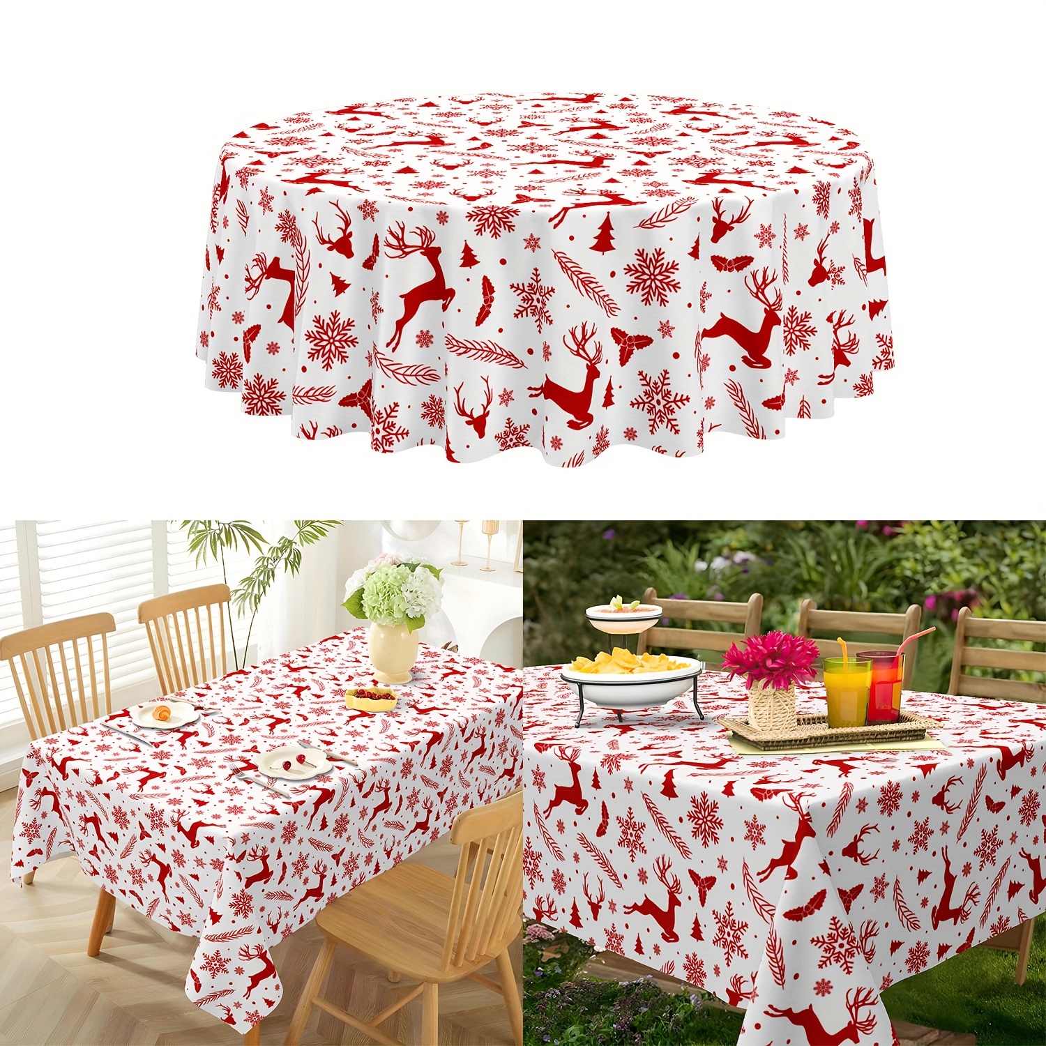 

Christmas Polyester Tablecloth - Machine Made Woven Round Reindeer And Snowflake Print, Stain-resistant Festive Table Cover For Holiday Dining, Indoor Outdoor Decoration, Fits 60" Table - Jit 1pc